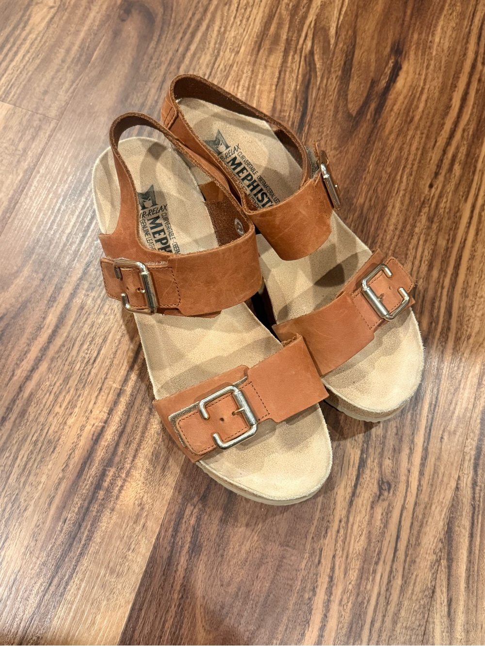 Mephisto Women's Tan Leather Double-Buckle Slingback Sandals size 40| US 9.5